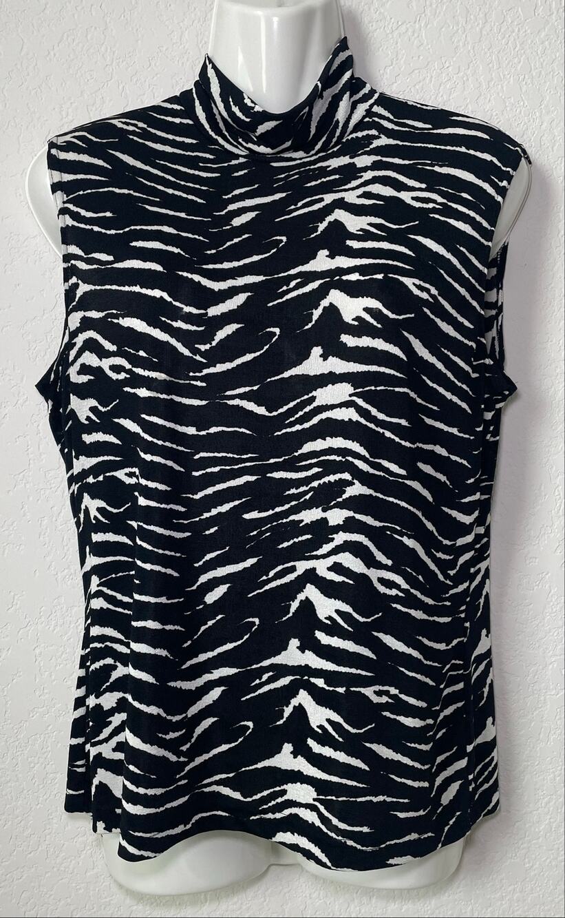 Vintage & Stylish Black & White Zebra Print Sleeveless Sheer Shell Top LARGE